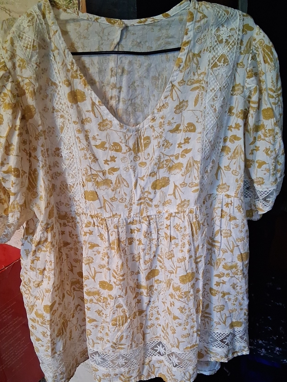 A Classy Chic Boutique Cream Tunic with Yellow Floral Print and Lace Trim